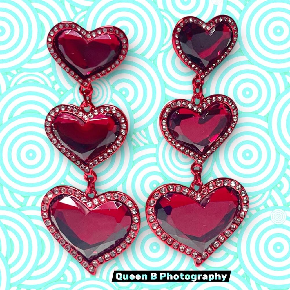 Betsey Johnson Red Rhinestone Heart Drop Earrings - Romantic Pave Jewelry Vtg